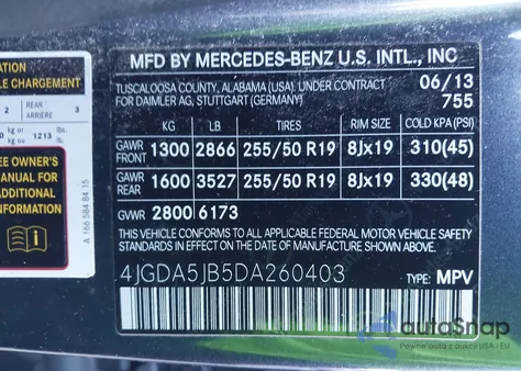 2013 Mercedes-Benz Ml 350 из США, поврежденный, VIN 4JGDA5JB5DA260403